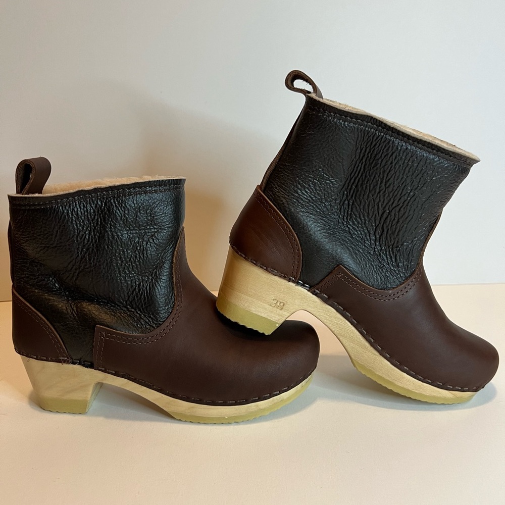No. 6 Pull On Shearling Clog Boot Mid Heel in Brown in Size 38